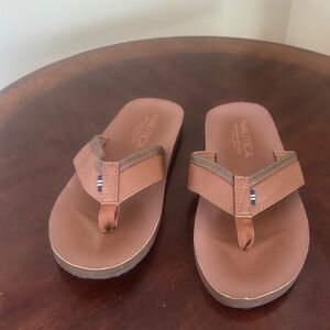 Nautica Brown Leather-Style Flip Flop Sandals with Tan Accents